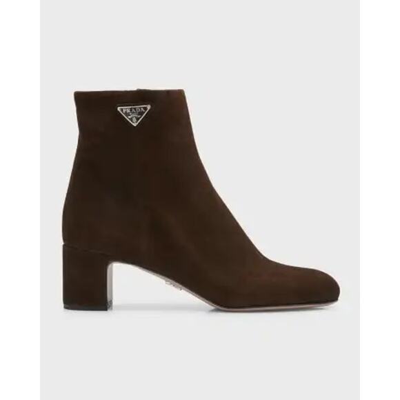 Prada Brown Suede Ankle Boots 37.5 | Logo Heel Zip Booties Made in Italy NIB - Picture 1 of 13